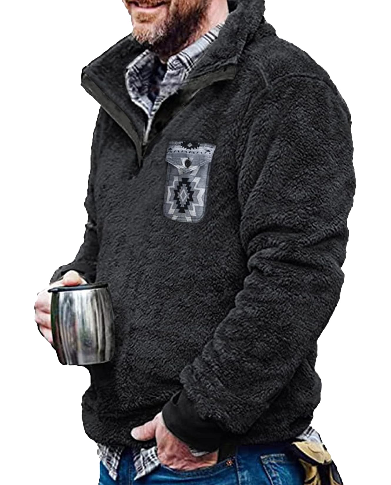 Western Fuzzy Sweatshirt for Men Aztec Fleece Cowboy Graphic Print Pullover Sweatshirt Retro Sharpe Tribal Country Hoodies Warm Winter Coats 3X-Large